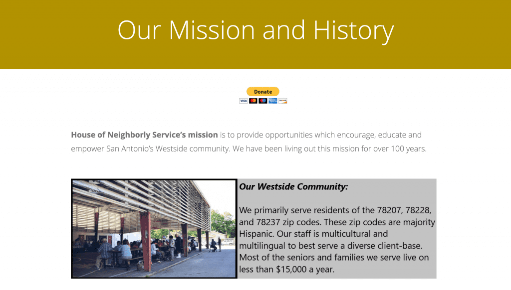 House of Neighborly Service old mission and history page screenshot
